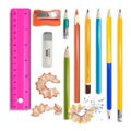 Realistic Detailed 3d Different Color and Size Wooden Pencils Set. Vector Royalty Free Stock Photo
