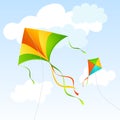 Realistic Detailed 3d Fly Kite and Clouds on a Blue Sky. Vector Royalty Free Stock Photo
