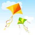 Realistic Detailed 3d Flying Kites and Clouds on a Blue Sky. Vector Royalty Free Stock Photo