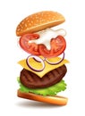 Realistic Detailed 3d Flying Tasty Burger. Vector Royalty Free Stock Photo