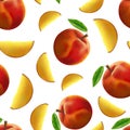 Realistic Detailed 3d Whole Peach Fruit and Slice Seamless Pattern Background. Vector