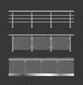 Realistic Detailed 3d Glass Balustrade with Metal Handrails Set. Vector