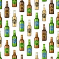 Realistic Detailed 3d Glass Beer Bottles Seamless Pattern Background. Vector Royalty Free Stock Photo