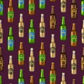 Realistic Detailed 3d Glass Beer Bottles Seamless Pattern Background. Vector Royalty Free Stock Photo