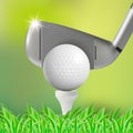 Realistic Detailed 3d Golf Ball and Stick on a Green Field Background. Vector Royalty Free Stock Photo