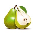 Realistic Detailed 3d Green Whole Pear and Slices. Vector