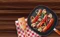 Realistic Detailed 3d Grill Pan with Sausages, Mushrooms, Vegetables and Napkin on Wooden Table Background Card. Vector