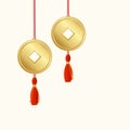 Realistic Detailed 3d Hanging Asian Lucky Coins with Tassels. Vector Royalty Free Stock Photo