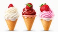 Realistic Detailed 3d Ice Cream Scoops Set Include of Strawberry, Vanilla and Chocolate. Vector illustration of Icecream, AI Royalty Free Stock Photo