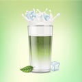 Realistic Detailed 3d Japanese Matcha Latte Drink Splashing in Glass Cup and Ice Cubes. Vector Royalty Free Stock Photo