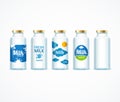 Realistic Detailed 3d Milk Bottle Template Set. Vector