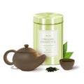 Realistic Detailed 3d Organic Green Tea Metal Tin, Teapot and Cup Set. Vector Royalty Free Stock Photo