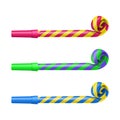 Realistic Detailed 3d Party Blower Whistles Set. Vector