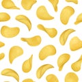 Realistic Detailed 3d Potato Chips Set Different ViewSeamless Pattern Background. Vector