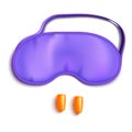 Realistic Detailed 3d Purple Sleeping Mask and Pair of Foam Earplugs. Vector