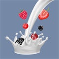 Realistic Detailed 3d Raw Berries with Flow Milk. Vector