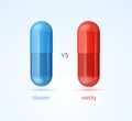 Realistic Detailed 3d Red and Blue Pills Capsules Set Illusion vs Reality Banner Concept. Vector Royalty Free Stock Photo