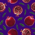 Realistic Detailed 3d Whole Pomegranate with Half Seamless Pattern Background Vector