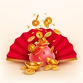 Realistic Detailed 3d Red Lucky Bag Full of Gold Coins and Hand Fan. Vector Royalty Free Stock Photo