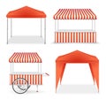 Realistic Detailed 3d Red and Striped Blank Market Stall Template Mockup Set. Vector