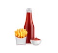 Realistic Detailed 3d Red Tomato Ketchup Bottle and Potato French Fries. Vector