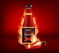 Realistic Detailed 3d Red Tomato Ketchup Sauce Bottle and Burning Chili Pepper in Fire on a Red Background. Vector Royalty Free Stock Photo