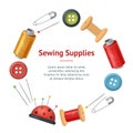 Realistic Detailed 3d Sewing Supplies for Tailoring and Needlework Banner Card Circle. Vector Royalty Free Stock Photo