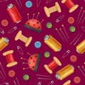 Realistic Detailed 3d Sewing Supplies for Tailoring and Needlework Seamless Pattern Background. Vector Royalty Free Stock Photo