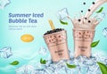 Realistic Detailed 3d Summer Iced Bubble Milk Tea Ads Banner Concept Poster Card. Vector