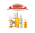 Realistic Detailed 3d Sunscreen Moisturizer Lotion Cream Set under Umbrella Concept. Vector