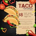 Realistic Detailed 3d Taco Mexican Food Thursdays Ads Banner Concept Poster Card. Vector Royalty Free Stock Photo