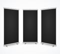 Realistic Detailed 3d Template Blank Black Scroll Banner Stand Mock Up Set. Vector