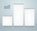 Realistic Detailed 3d Template Blank White Roll Up Banner Stand Mock Up Set. Vector Royalty Free Stock Photo