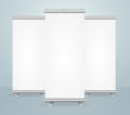 Realistic Detailed 3d Template Blank White Roll Up Banner Stand Mock Up Set. Vector