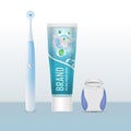 Realistic Detailed 3d Toothpaste, Electric Toothbrush and Dental Floss Set. Vector Royalty Free Stock Photo