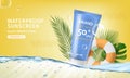 Realistic Detailed 3d Tube Waterproof Sunscreen Ads Banner Concept Poster Card. Vector