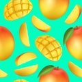 Realistic Detailed 3d Whole Mango and Sliced Seamless Pattern Background. Vector Royalty Free Stock Photo