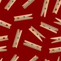 Realistic Detailed 3d Wooden Clothespins Seamless Pattern Background. Vector
