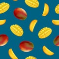 Realistic Detailed Fruit Mango Seamless Pattern Background. Vector