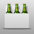 Realistic detailed green glass beer bottles with drink in white packaging on a trasparent background. Vector