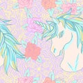 Realistic detailed hand drawn pattern of a unicorn head, rose flower background, abstract lines. Graphic tattoo style