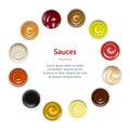 Realistic Detailed Sauces in Plate Banner Card Circle Top View. Vector