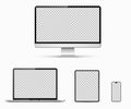 Realistic device mockup set with blank empty screen. Tablet PC , desktop computer, laptop and smartphone Royalty Free Stock Photo
