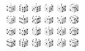 Realistic dice. White gambling cubes with black dots. Game decision instrument. View from different sides on 3D craps. Casino