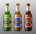 Realistic different colors beer bottles. 3d glass drinks containers for light and dark beer, alcohol green and brown Royalty Free Stock Photo