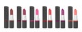 Realistic different colors lipstick set. Vector makeup mockup.