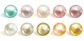 Realistic different colors pearls set. Round colored nacre formed within the shell of a pearl oyster, precious gem. Vector Royalty Free Stock Photo