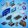 Realistic digital devices in isometry on blue background