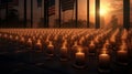 A candlelight vigil on Veteran\'s Day, where a row of lit candles illuminates the darkness in