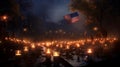 A candlelight vigil on Veteran\'s Day, where a row of lit candles